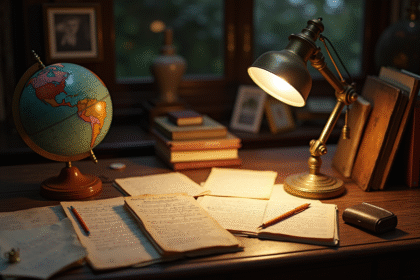 Bureau vintage d'un scientifique avec documents et globe