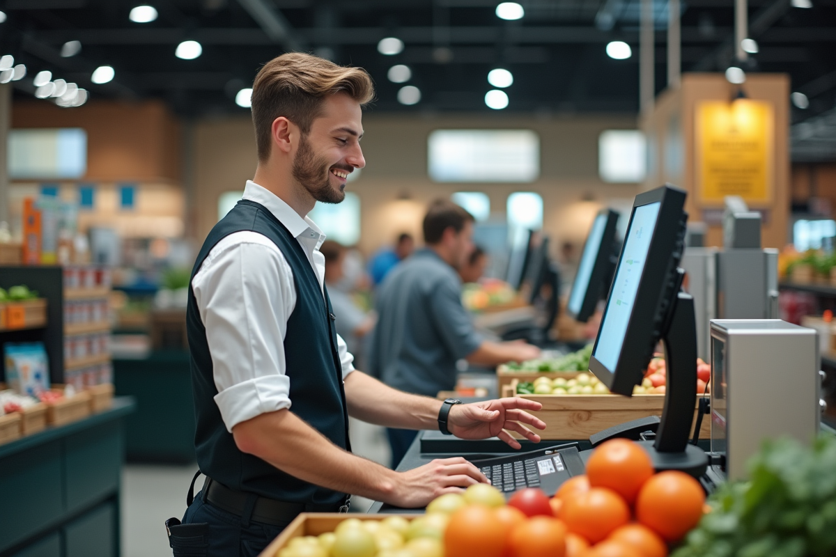 Jeune caissier scannant des courses au supermarché