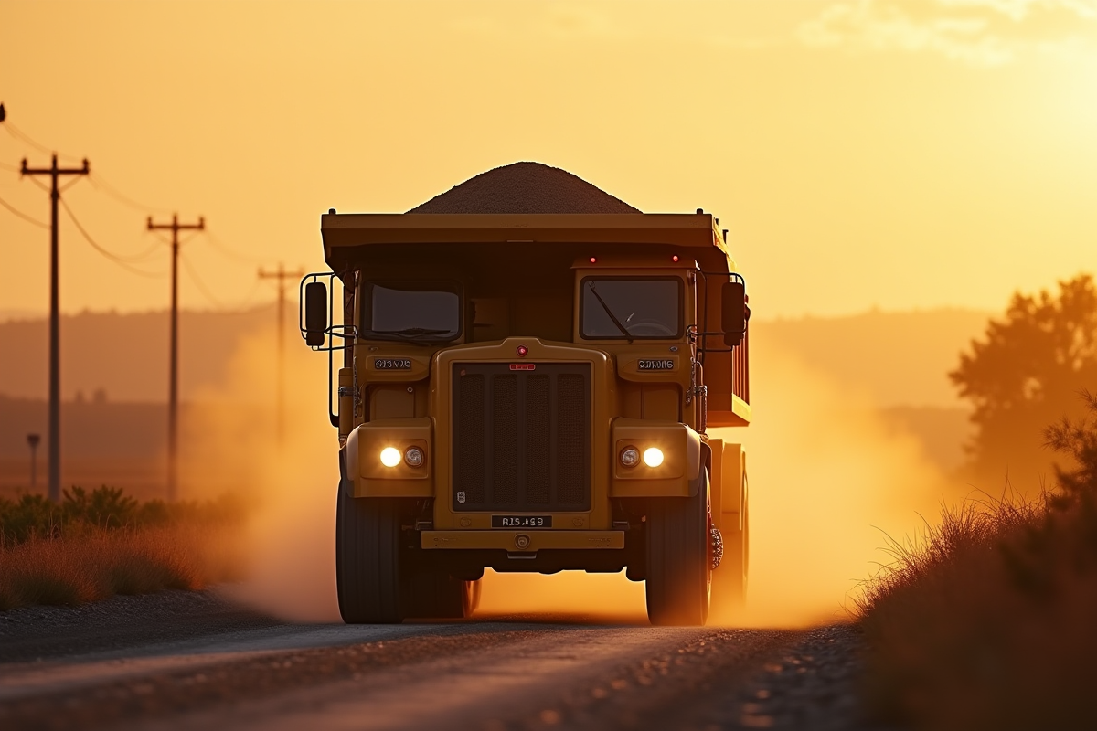 Camion de décharge chargé de gravier sur route rurale au lever du soleil