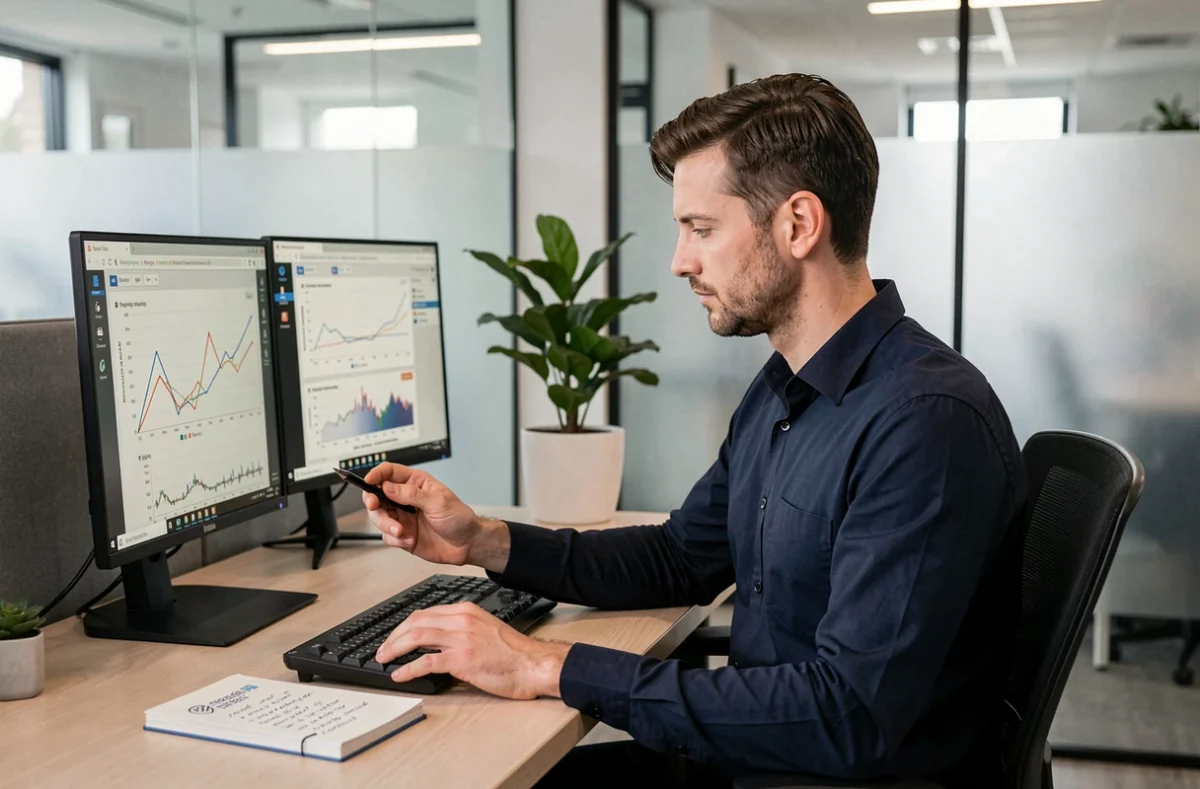 Consultant SEO de Cap Visibilité analysant une stratégie de visibilité digitale sur des écrans dans un bureau moderne en Essonne