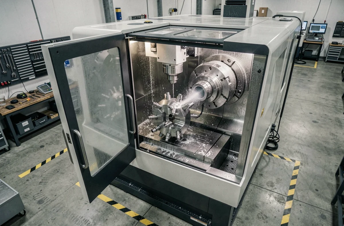 Vue intérieure d'un centre d'usinage CNC multi-axes avec pièce aéronautique en cours de fraisage