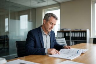 Chef d'entreprise examinant les marges financières avant la cession d'une activité de nettoyage