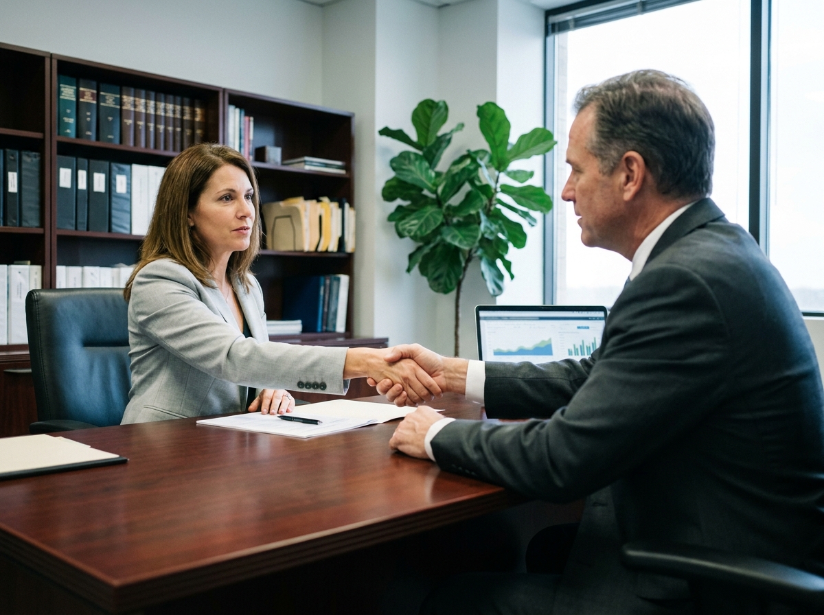 Cession de PME conclue par une poignée de main entre dirigeants dans un bureau professionnel lors d'une transaction commerciale