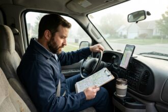 Chauffeur-livreur dans la cabine de sa camionnette qui consulte sa feuille de tournée avant de démarrer, expression sereine et concentrée