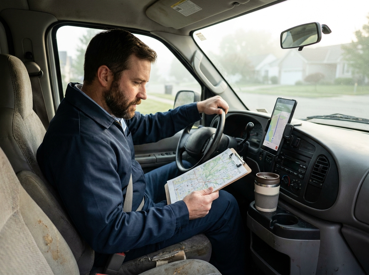 Chauffeur-livreur dans la cabine de sa camionnette qui consulte sa feuille de tournée avant de démarrer, expression sereine et concentrée