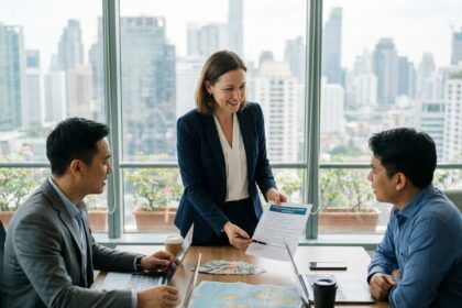 Équipe professionnelle analysant une checklist de développement international autour d'une table de conférence avec cartes et documents d'exportation