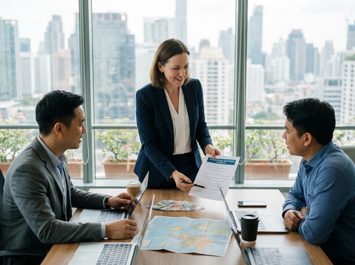 Équipe professionnelle analysant une checklist de développement international autour d'une table de conférence avec cartes et documents d'exportation