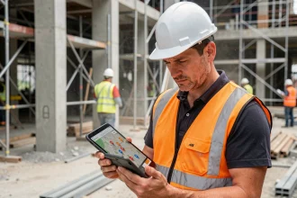 Chef de chantier consultant une tablette numérique avec une carte de sélection de chantiers locaux sur un site de construction urbain