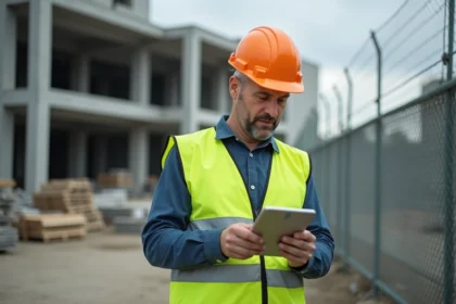 Chef de chantier avec tablette sur site en construction
