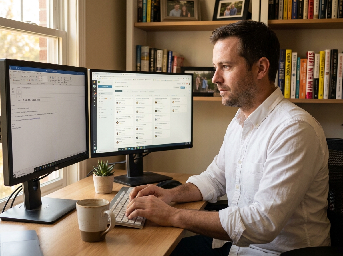 Chef de projet PME répondant aux demandes clients sur une plateforme de support en télétravail depuis son bureau à domicile