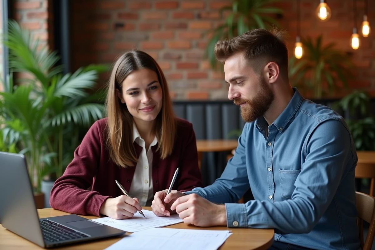 Deux membres d'une association collaborant sur les documents nécessaires pour modifier les statuts dans un espace de coworking
