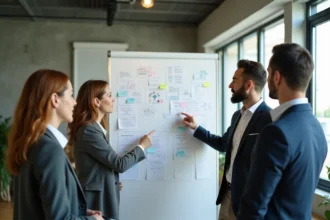 Équipe DSI et métiers collaborant autour d'un tableau blanc avec des diagrammes de connexion dans un open space moderne