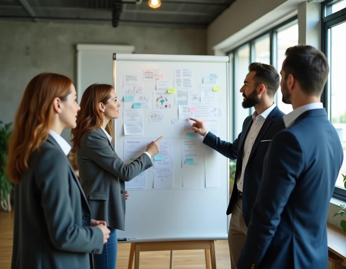Équipe DSI et métiers collaborant autour d'un tableau blanc avec des diagrammes de connexion dans un open space moderne