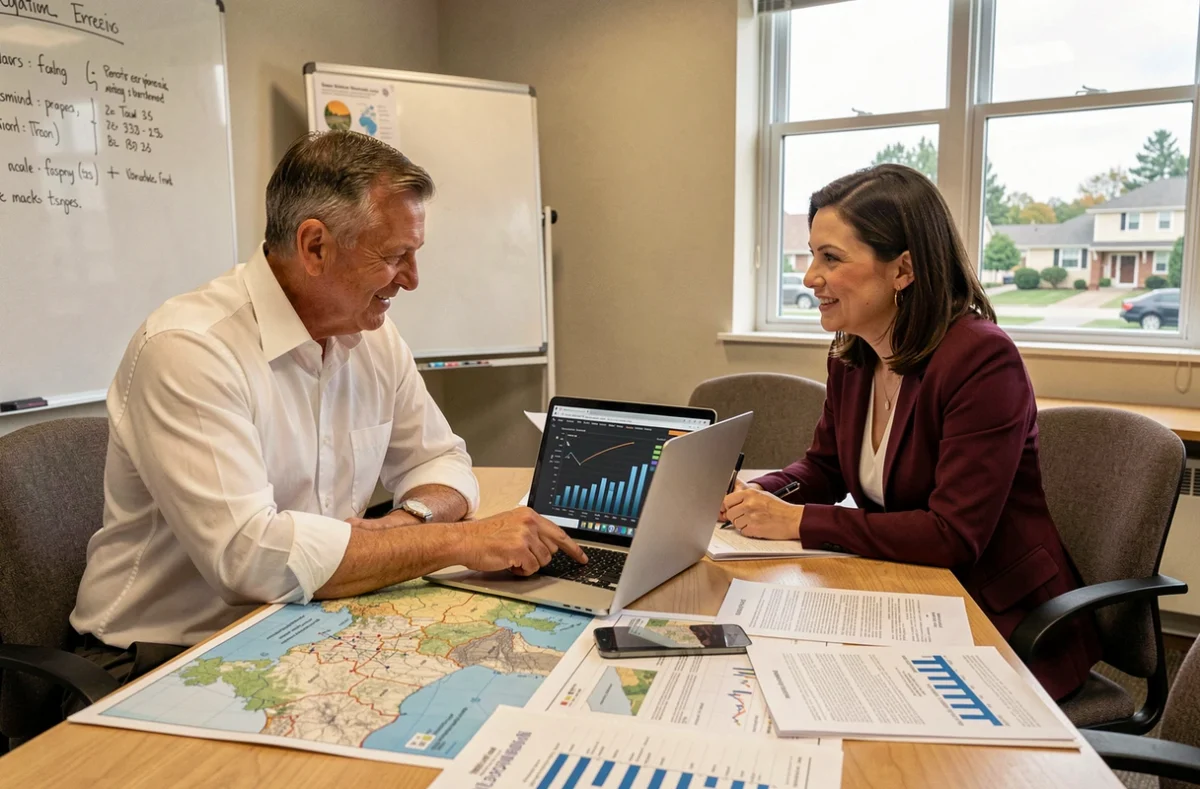 Deux professionnels collaborant autour d'indicateurs économiques territoriaux imprimés et numériques en salle de réunion