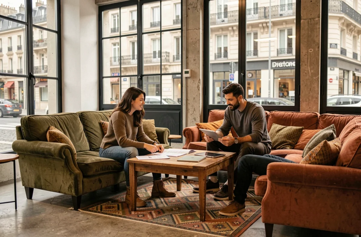 Groupe de professionnels collaborant dans la zone lounge d'un coworking pas cher à Lyon