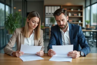 Deux collègues en réunion de travail dans un bureau moderne