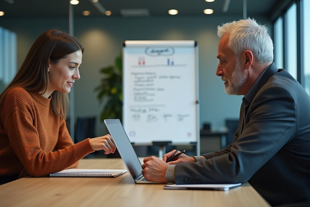 Deux collègues en réunion consultant ensemble un espace RH numérique MyPeopleDoc pour gérer des documents lors d'une transition professionnelle