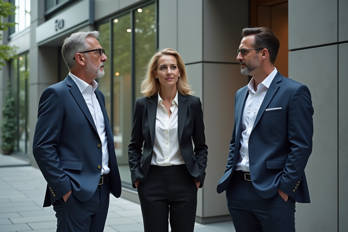 Trois collègues discutant devant un bâtiment moderne