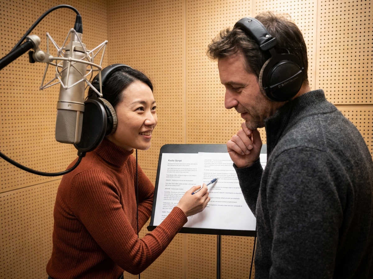 Deux comédiens de doublage franco-chinois collaborant sur un script radio bilingue en cabine d'enregistrement