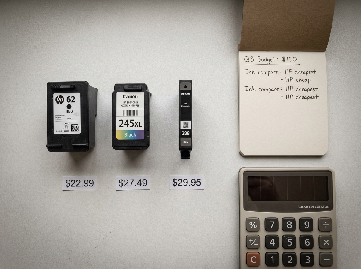 Comparaison de cartouches d'encre de différentes marques avec notes de budget sur un bureau