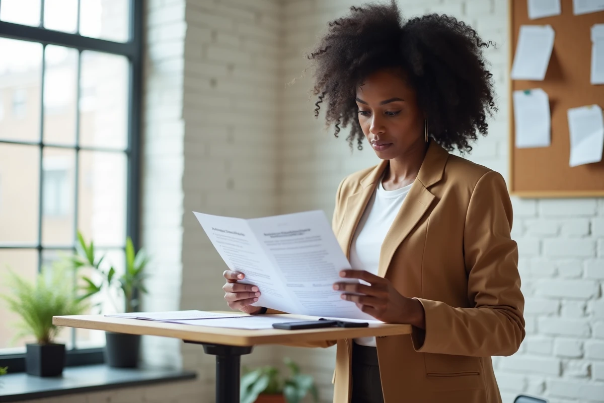 Jeune femme professionnelle comparant deux devis imprimés dans un bureau contemporain avant envoi client