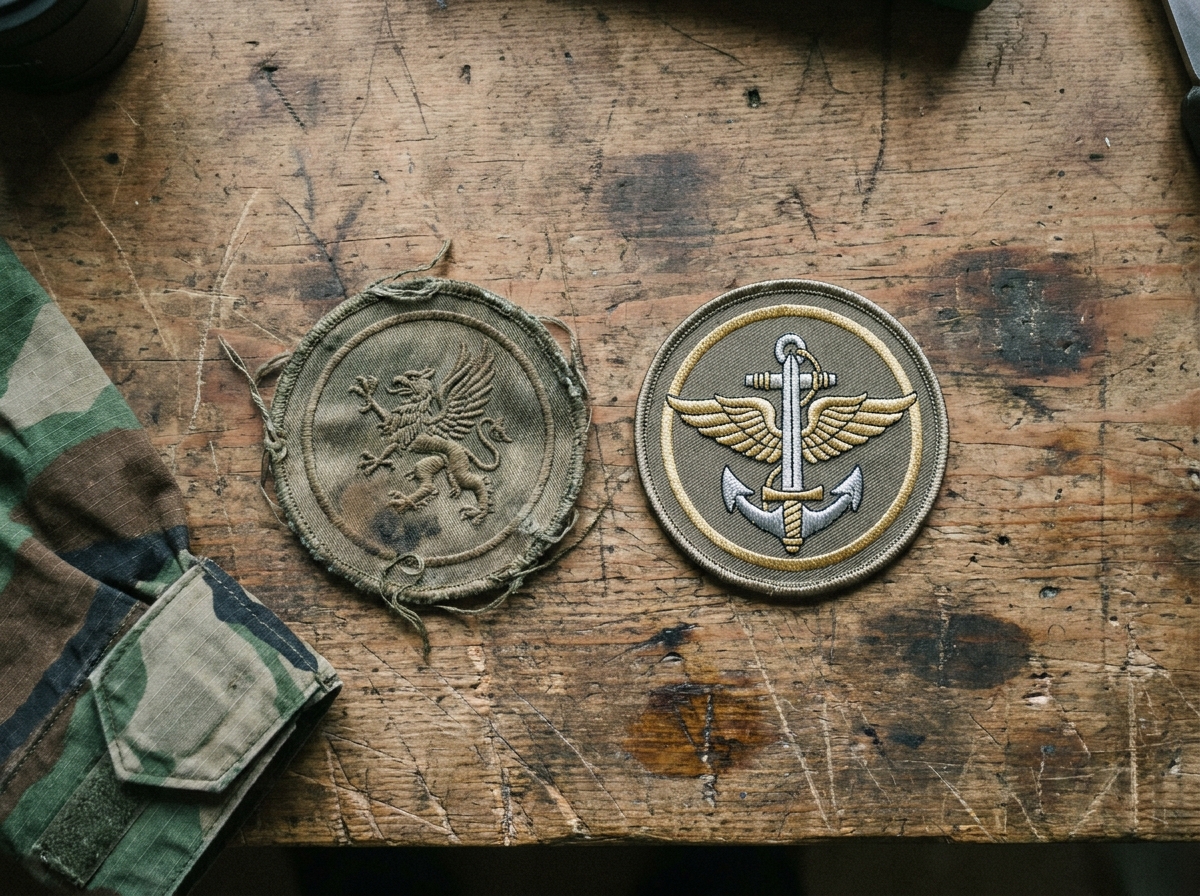 Comparaison entre un écusson militaire usé porté sur le terrain et un insigne cérémoniel neuf posés sur un établi