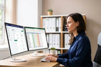 Comptable e-commerce analysant un tableau de bord Shopify sur double écran dans un bureau moderne