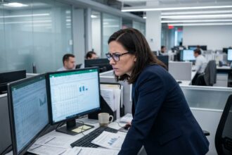 Comptable femme analysant des rapports Pilier 2 et reporting pays par pays sur écrans dans un bureau moderne