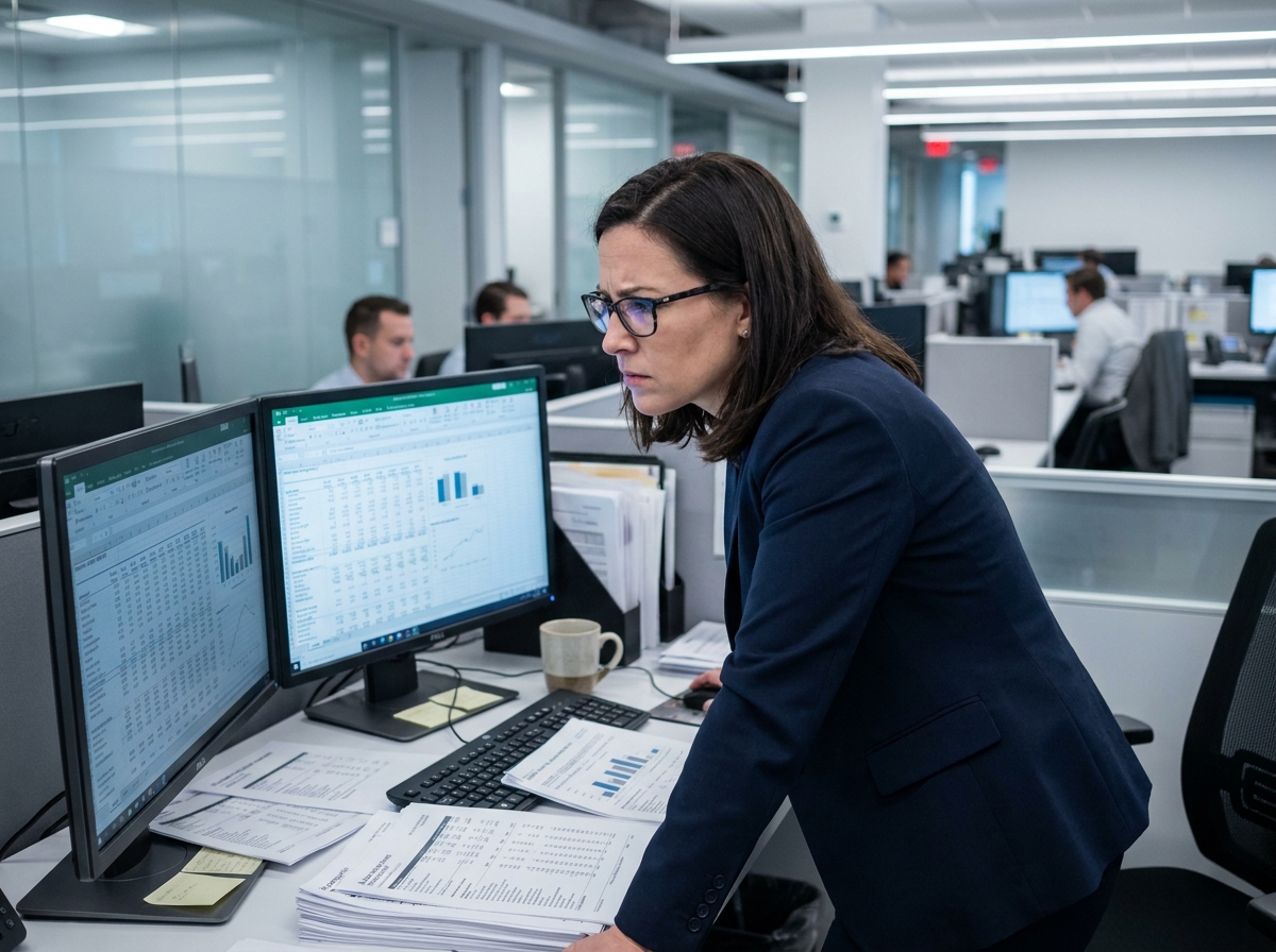 Comptable femme analysant des rapports Pilier 2 et reporting pays par pays sur écrans dans un bureau moderne