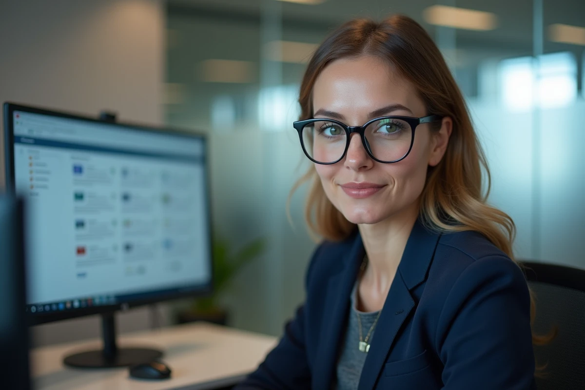 Professionnelle connectée à une interface de messagerie sécurisée Zimbra sur un poste de travail de bureau moderne