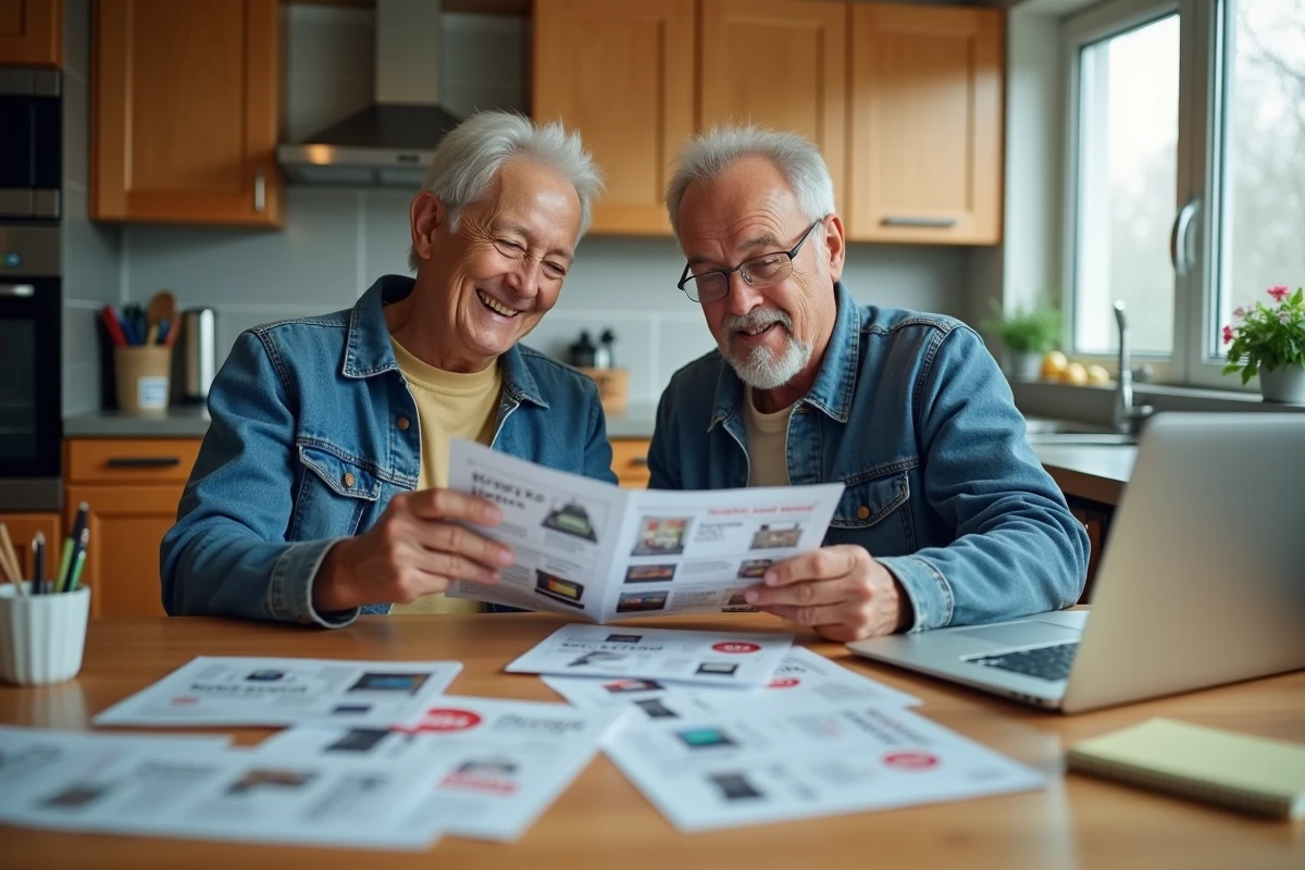 Couple consultant des prospectus et un site web pour comparer les alternatives aux magasins GiFi