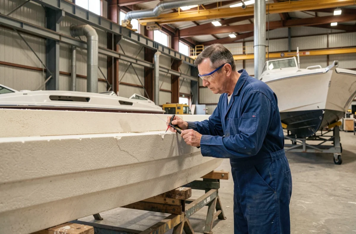 Technicien inspectant une coque de bateau en fibre de verre dans un atelier de construction navale industrielle