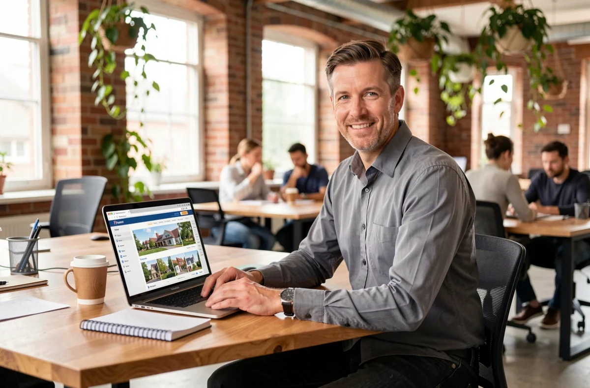 Consultant immobilier en portage travaillant en espace de co-working avec un ordinateur portable