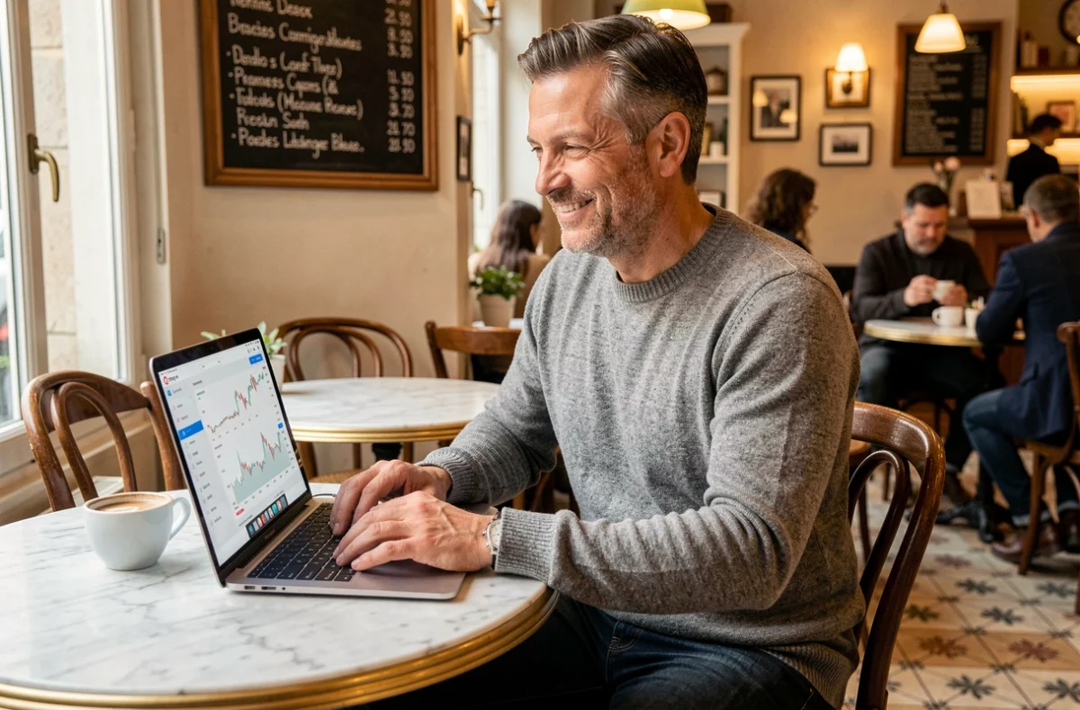 Consultant indépendant en portage salarial travaillant depuis un café parisien avec liberté