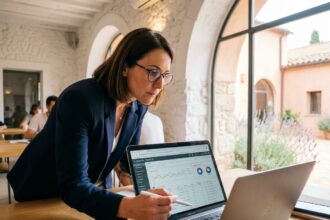Consultante en marketing digital analysant une campagne Google Ads sur ordinateur portable dans un espace de coworking à Salon-de-Provence