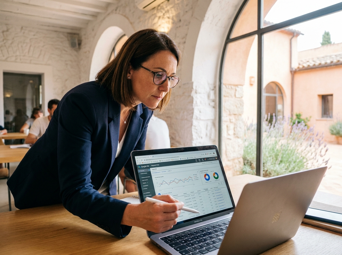 Consultante en marketing digital analysant une campagne Google Ads sur ordinateur portable dans un espace de coworking à Salon-de-Provence