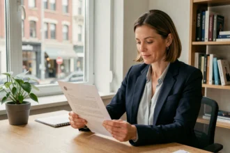 Consultante indépendante en portage salarial révisant un contrat dans son bureau à domicile
