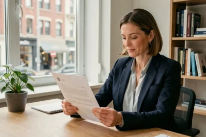 Consultante indépendante en portage salarial révisant un contrat dans son bureau à domicile