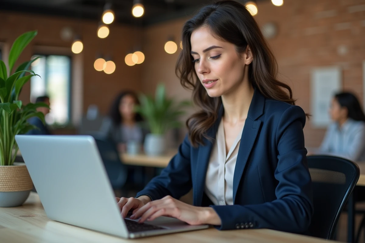 Professionnelle consultante analysant une plateforme business en ligne dans un espace de co-working moderne