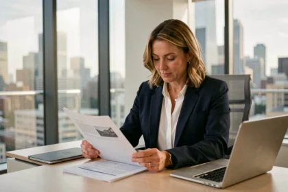Consultante en portage immobilier examinant des documents contractuels dans un bureau moderne en ville