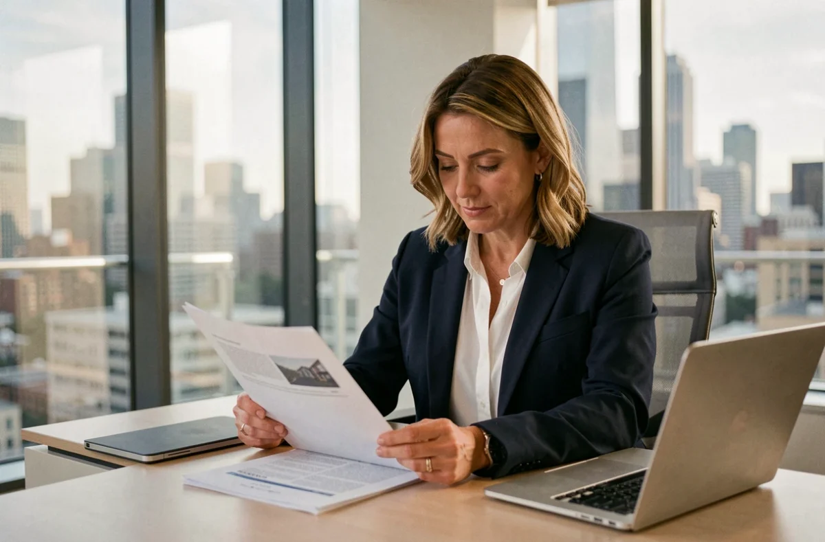 Consultante en portage immobilier examinant des documents contractuels dans un bureau moderne en ville