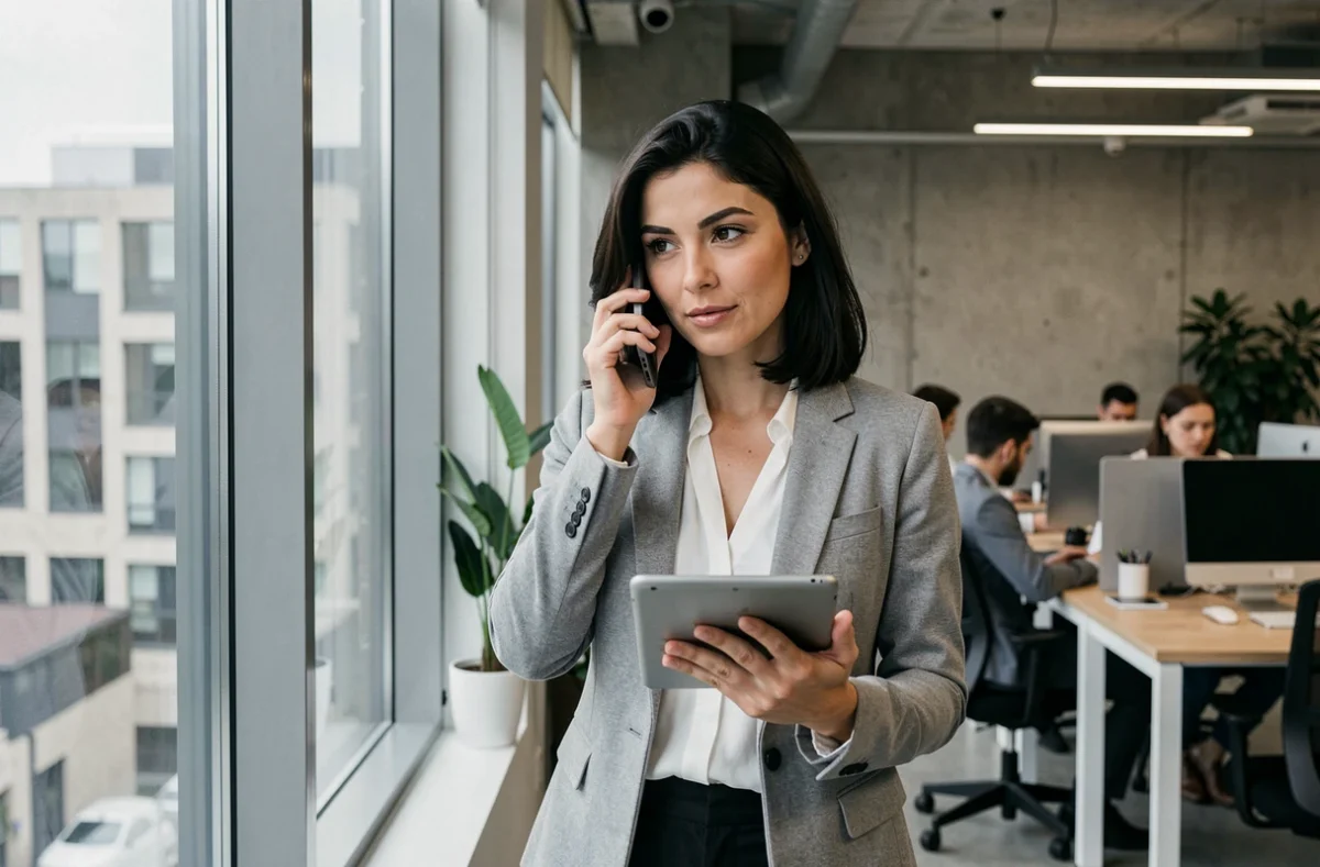 Une consultante en portage salarial dans un espace de coworking modern gérant ses démarches pour les allocations chômage