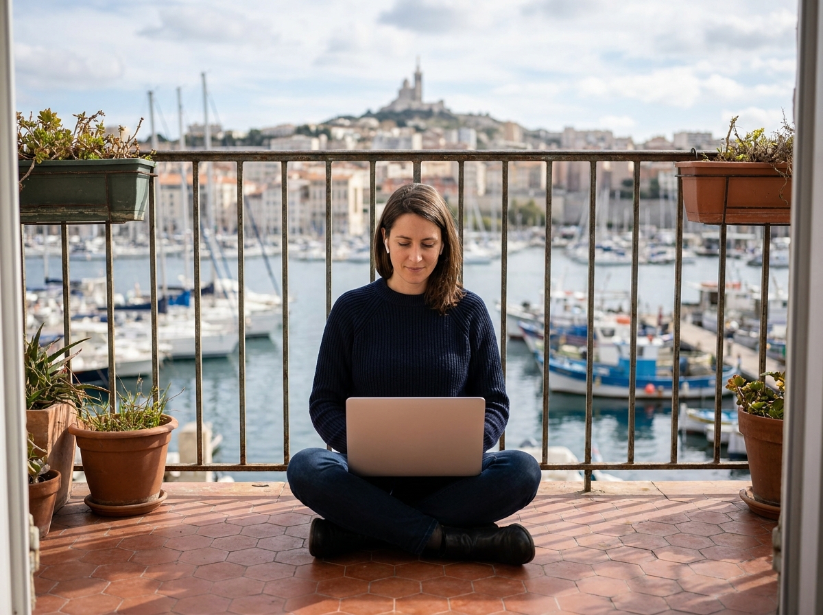 Consultante en télétravail sur une terrasse avec vue sur le Vieux-Port de Marseille et la basilique Notre-Dame de la Garde