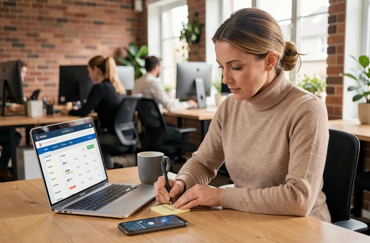 Femme notant un numéro de suivi avant de contacter DB Schenker par téléphone dans un espace de coworking