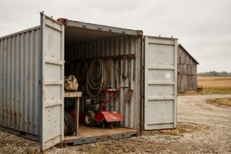 Conteneur maritime ouvert utilisé comme stockage de matériel agricole dans une ferme rurale