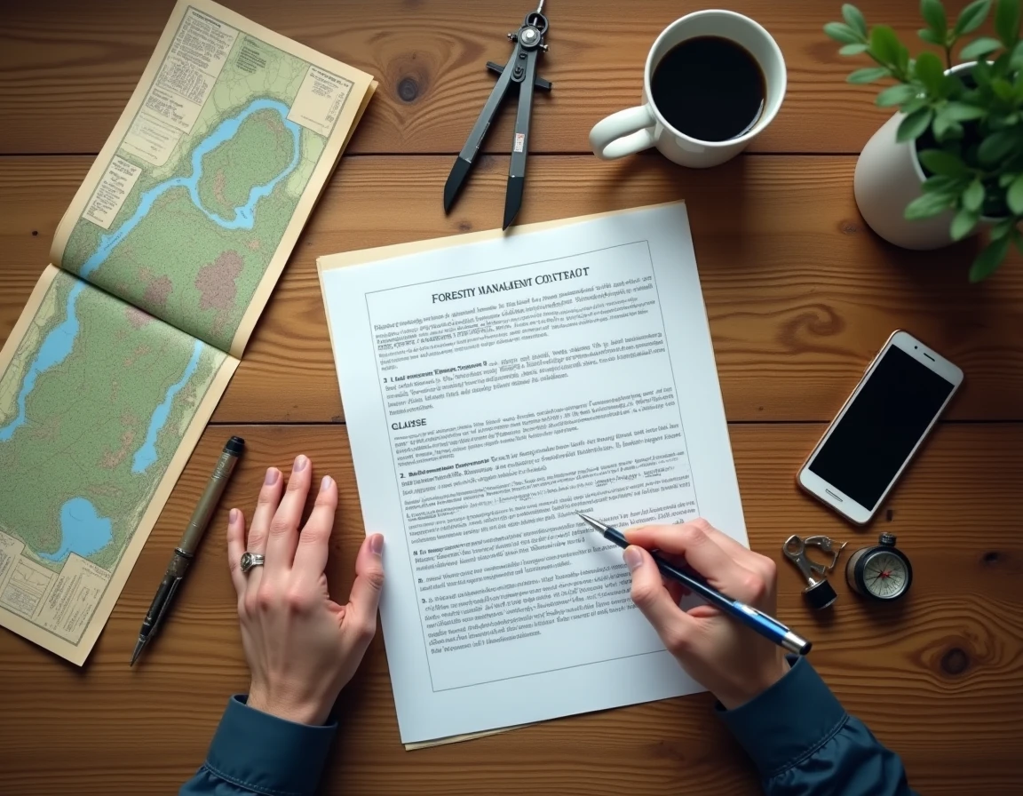 Vue en plongée d'un contrat de gestion forestière ouvert sur un bureau en bois avec une main pointant une clause importante
