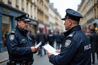 Contrôle de police à Paris avec bâtiments haussmanniens