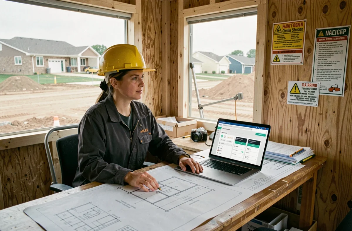 Coordinatrice de projet sur un bureau de chantier temporaire consultant une plateforme de sélection de chantiers locaux