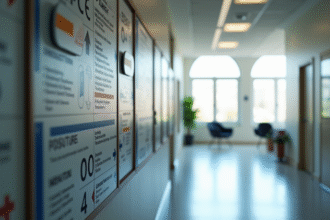 Couloir de bureau avec panneaux et flèches confuses