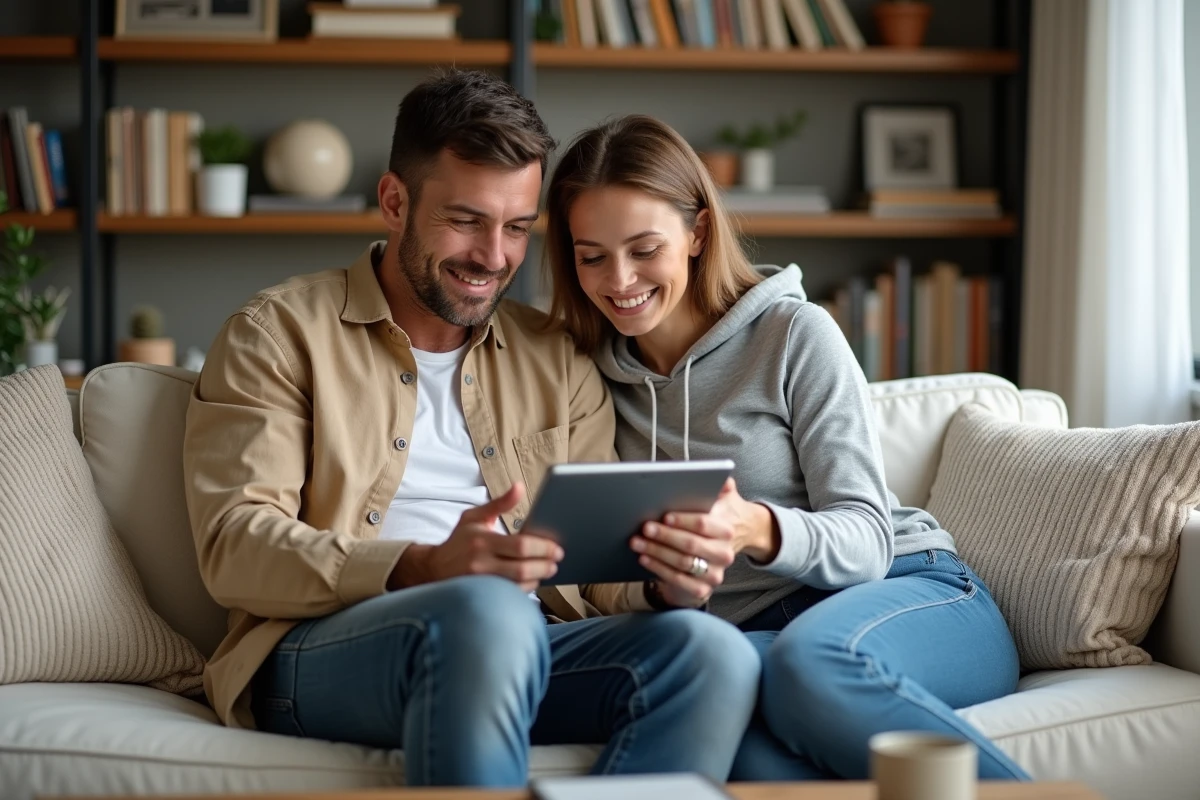 Couple analysant les statistiques de leur système domotique intelligent sur une tablette dans leur salon